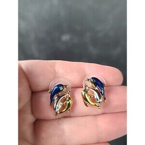 Dolphin Enamel Rhinestone Stud Earrings Vintage Costume Jewelry